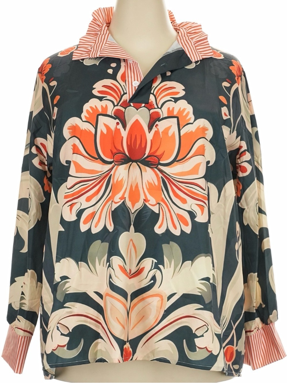Floral Print Long-Sleeve Blouse With Contrasting Trim